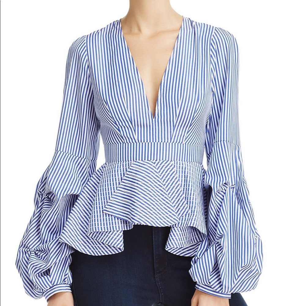 Blue and white striped bell sleeve blouse